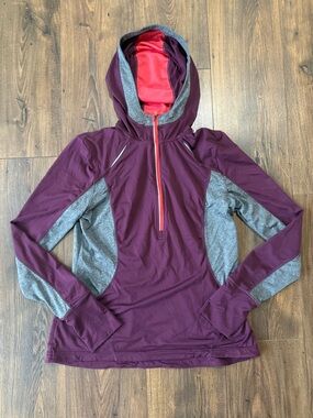 Mondetta Women’s 1/2 Zip Pullover With Hood, Plum & Gray Size Large Running